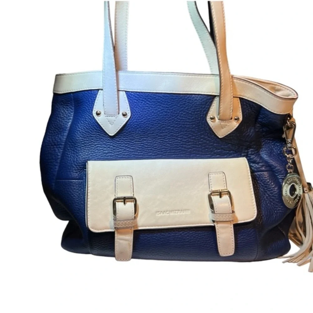 Navy & Cream Leather Satchel – Classic Buckle Detail Shoulder Tassel Bag GUC